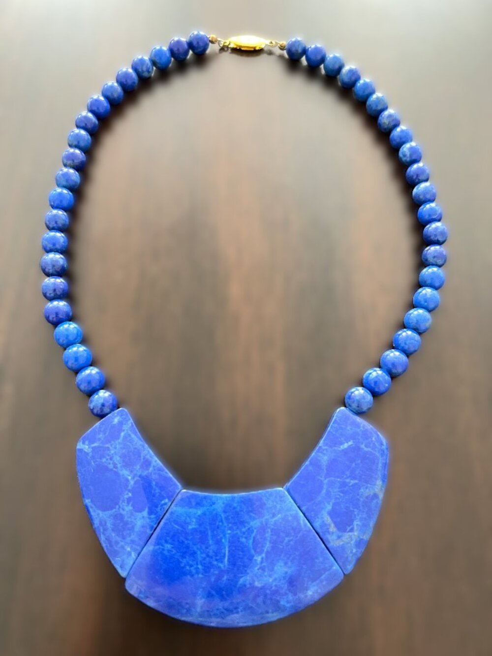 Vintage Lapis Lazuli 3pc Crescent Panel Bib Statement 17.5" Necklace Gold Clasp